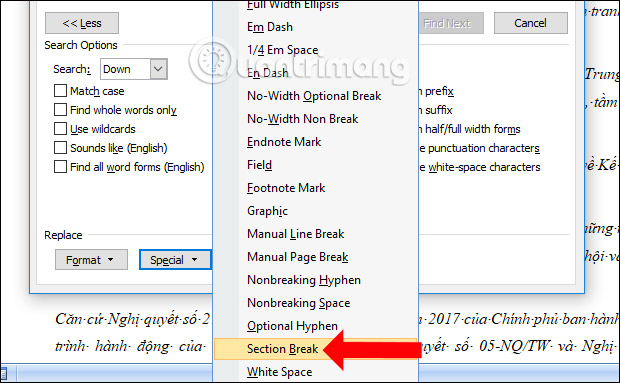 delting a section break from ms word for mac